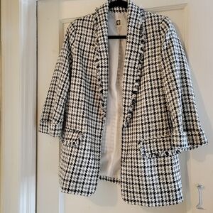 ANNE KLEIN Houndstooth Jacquard Open Front Frayed Hem Blazer